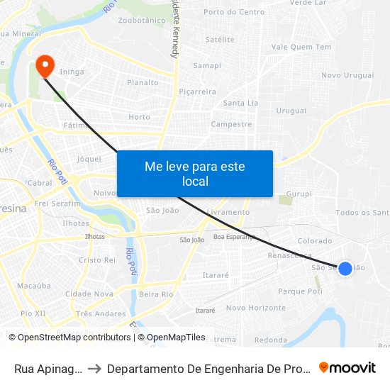 Rua Apinage, 596 to Departamento De Engenharia De Produção - Ct - Ufpi map