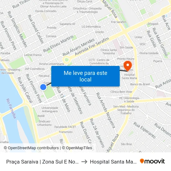 Praça Saraiva | Zona Sul E Norte to Hospital Santa Maria map
