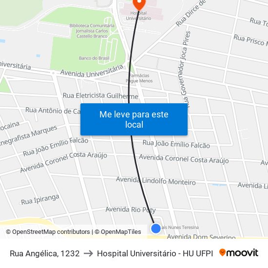 Rua Angélica, 1232 to Hospital Universitário - HU UFPI map