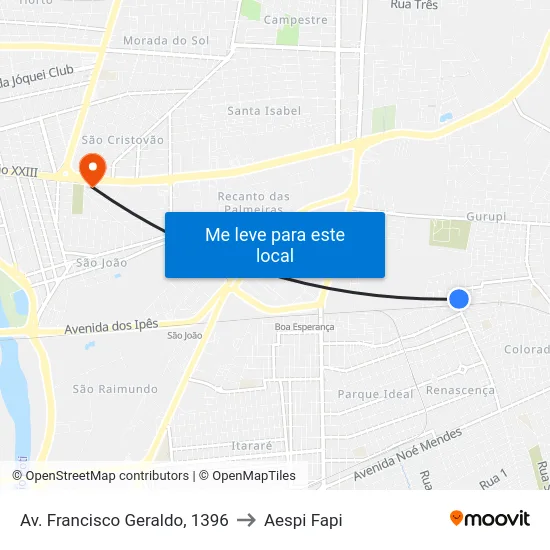 Av. Francisco Geraldo, 1396 to Aespi Fapi map