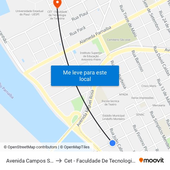 Avenida Campos Sales, 610 to Cet - Faculdade De Tecnologia De Teresina map