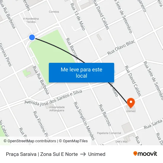 Praça Saraiva | Zona Sul E Norte to Unimed map