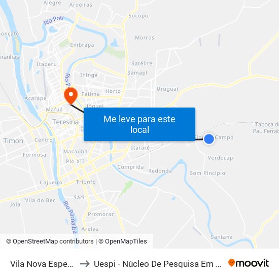 Vila Nova Esperança, Parada 02 to Uespi - Núcleo De Pesquisa Em Biotecnologia E Biodiversidade map