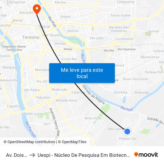 Av. Dois, 3737 to Uespi - Núcleo De Pesquisa Em Biotecnologia E Biodiversidade map