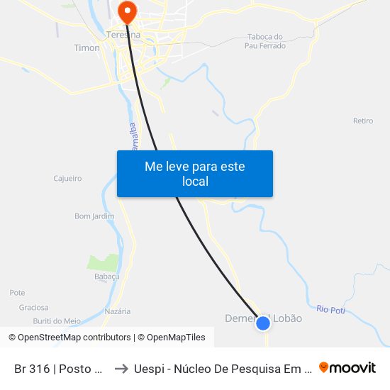 Br 316 | Posto Corujão (Sent. Sul) to Uespi - Núcleo De Pesquisa Em Biotecnologia E Biodiversidade map