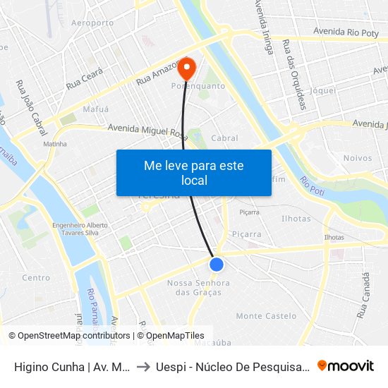 Higino Cunha | Av. Miguel Rosa - Sentido Centro to Uespi - Núcleo De Pesquisa Em Biotecnologia E Biodiversidade map