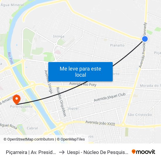 Piçarreira | Av. Presidente Kennedy - Sentido Centro to Uespi - Núcleo De Pesquisa Em Biotecnologia E Biodiversidade map