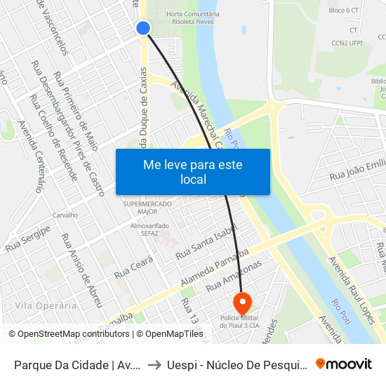 Parque Da Cidade | Av. Duque De Caxias - Sentido Centro to Uespi - Núcleo De Pesquisa Em Biotecnologia E Biodiversidade map