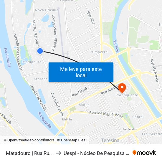 Matadouro | Rua Rui Barbosa - Sentido Bairro to Uespi - Núcleo De Pesquisa Em Biotecnologia E Biodiversidade map