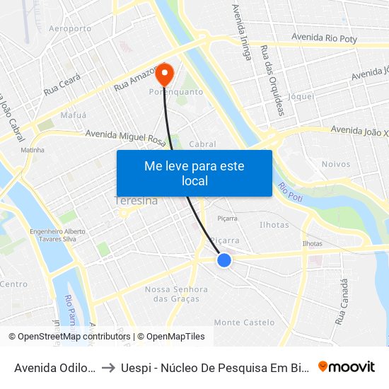 Avenida Odilon Araújo, 362 to Uespi - Núcleo De Pesquisa Em Biotecnologia E Biodiversidade map