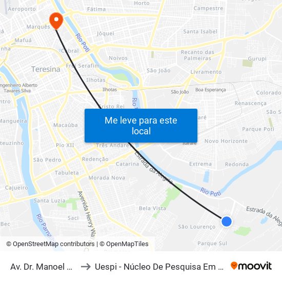 Av. Dr. Manoel Ayres Neto, 6435 to Uespi - Núcleo De Pesquisa Em Biotecnologia E Biodiversidade map