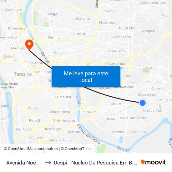 Avenida Noé Mendes, 5270 to Uespi - Núcleo De Pesquisa Em Biotecnologia E Biodiversidade map