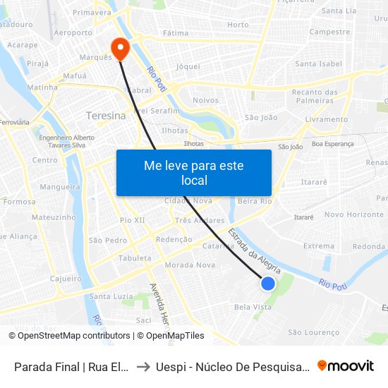 Parada Final | Rua Elesbão Veloso Soares, 3947 to Uespi - Núcleo De Pesquisa Em Biotecnologia E Biodiversidade map