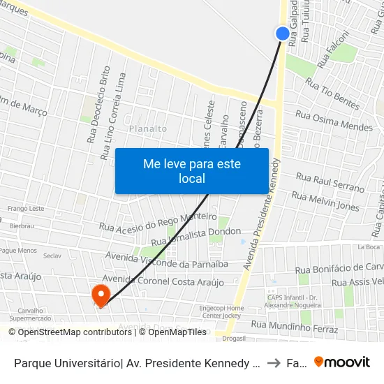 Parque Universitário| Av. Presidente Kennedy - Sentido Bairro to Facid map