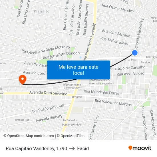 Rua Capitão Vanderley, 1790 to Facid map