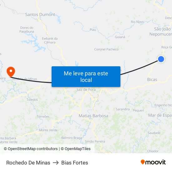 Rochedo De Minas to Bias Fortes map