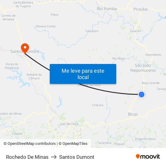 Rochedo De Minas to Santos Dumont map