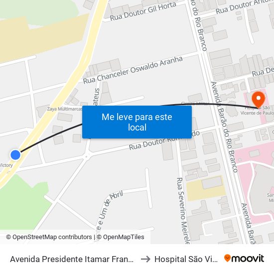 Avenida Presidente Itamar Franco / Victory Business Hotel to Hospital São Vicente De Paulo map