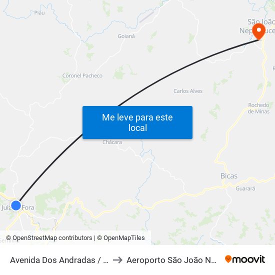 Avenida Dos Andradas / Hemominas to Aeroporto São João Nepomucemo map