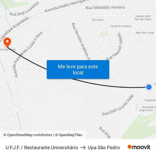 U.F.J.F. / Restaurante Universitário to Upa São Pedro map