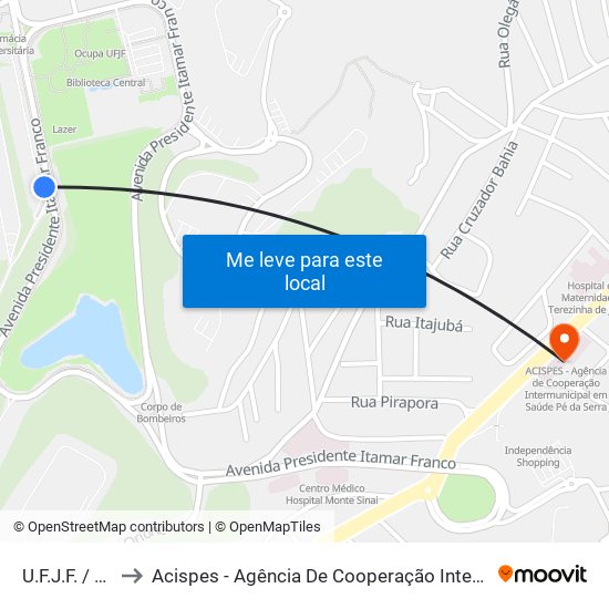 U.F.J.F. / Anel Viário to Acispes - Agência De Cooperação Intermunicipal Em Saúde Pé Da Serra map