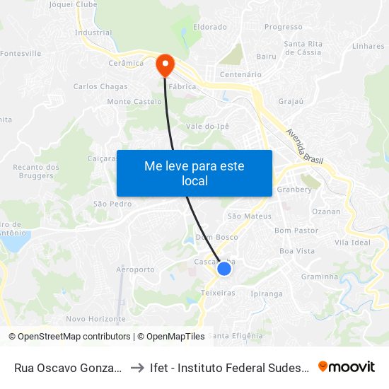 Rua Oscavo Gonzaga Prata, 159 to Ifet - Instituto Federal Sudeste De Minas Gerais map