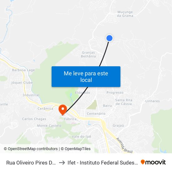 Rua Oliveiro Pires De Carvalho, 16 to Ifet - Instituto Federal Sudeste De Minas Gerais map