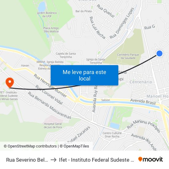 Rua Severino Belford, 375 to Ifet - Instituto Federal Sudeste De Minas Gerais map