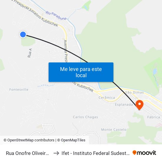 Rua Onofre Oliveira Sales, 1012 to Ifet - Instituto Federal Sudeste De Minas Gerais map