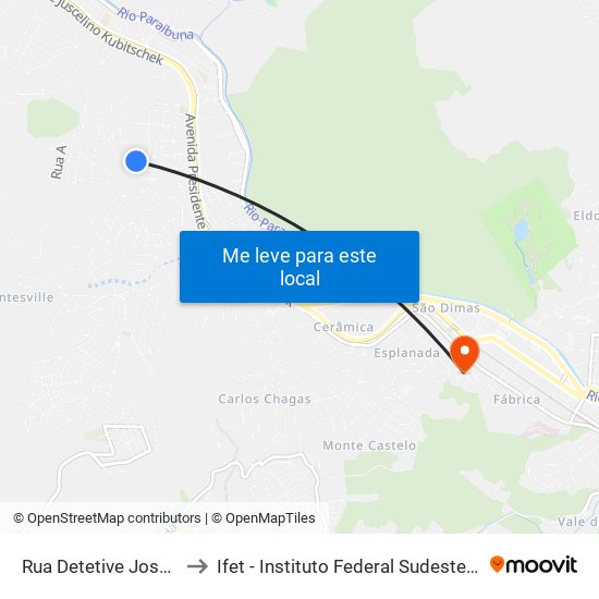 Rua Detetive José Felipe, 54 to Ifet - Instituto Federal Sudeste De Minas Gerais map
