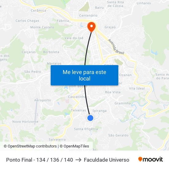 Ponto Final - 134 / 136 / 140 to Faculdade Universo map