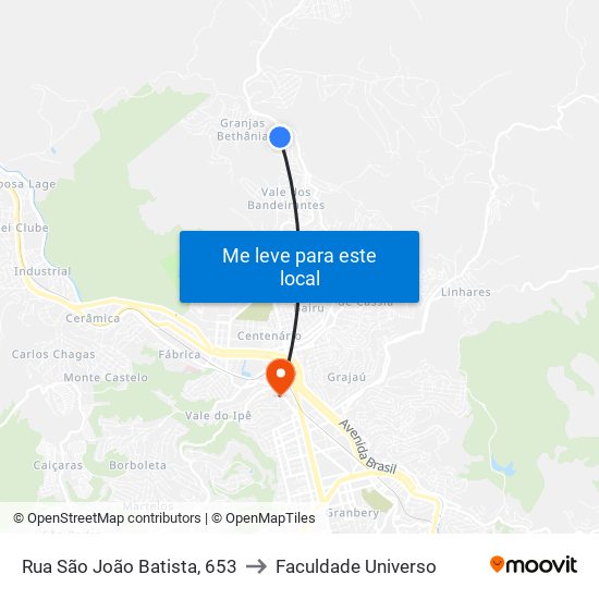 Rua São João Batista, 653 to Faculdade Universo map