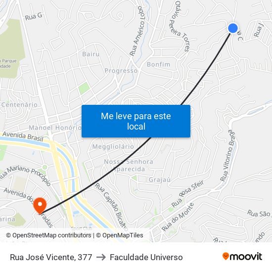 Rua José Vicente, 377 to Faculdade Universo map