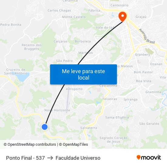 Ponto Final - 537 to Faculdade Universo map