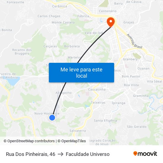 Rua Dos Pinheirais, 46 to Faculdade Universo map