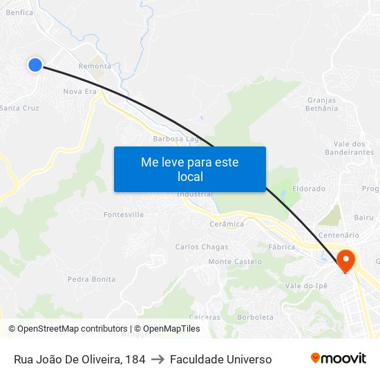 Rua João De Oliveira, 184 to Faculdade Universo map