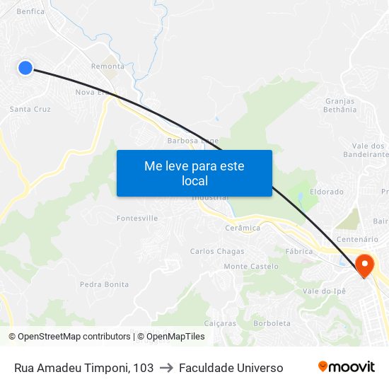 Rua Amadeu Timponi, 103 to Faculdade Universo map