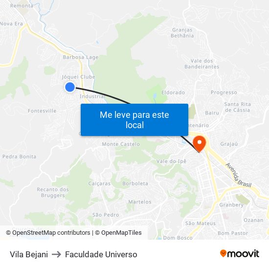 Vila Bejani to Faculdade Universo map