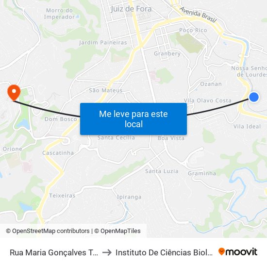 Rua Maria Gonçalves Tôrres, 555 to Instituto De Ciências Biológicas - Icb map