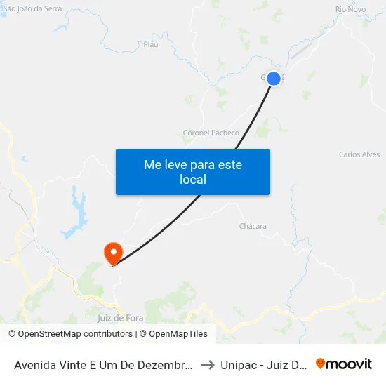 Avenida Vinte E Um De Dezembro (Goianá) to Unipac - Juiz De Fora map