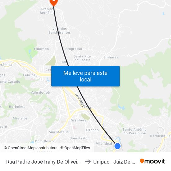 Rua Padre José Irany De Oliveira, 37 to Unipac - Juiz De Fora map