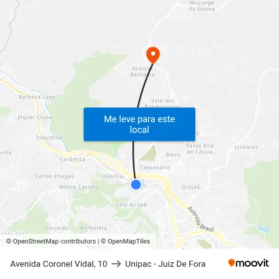 Avenida Coronel Vidal, 10 to Unipac - Juiz De Fora map