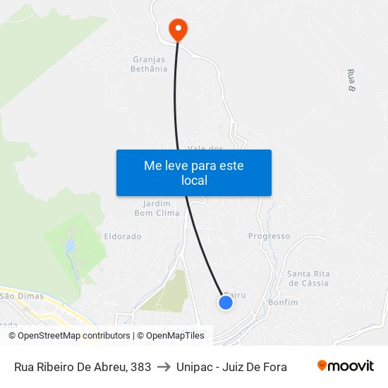 Rua Ribeiro De Abreu, 383 to Unipac - Juiz De Fora map