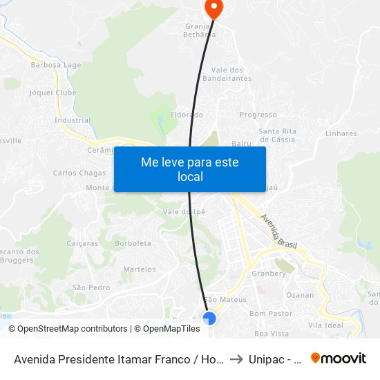 Avenida Presidente Itamar Franco / Hospital Maternidade Terezinha De Jesus to Unipac - Juiz De Fora map