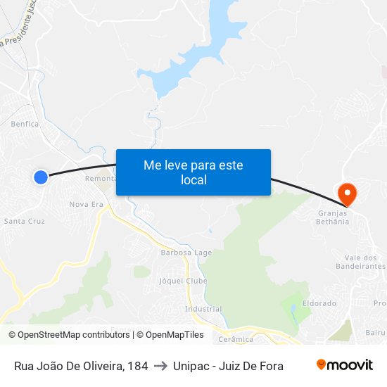 Rua João De Oliveira, 184 to Unipac - Juiz De Fora map