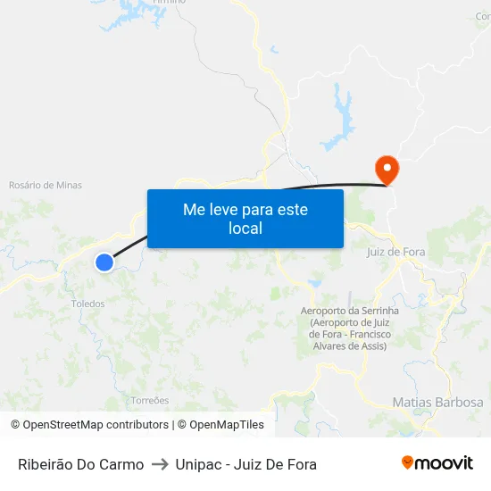 Ribeirão Do Carmo to Unipac - Juiz De Fora map