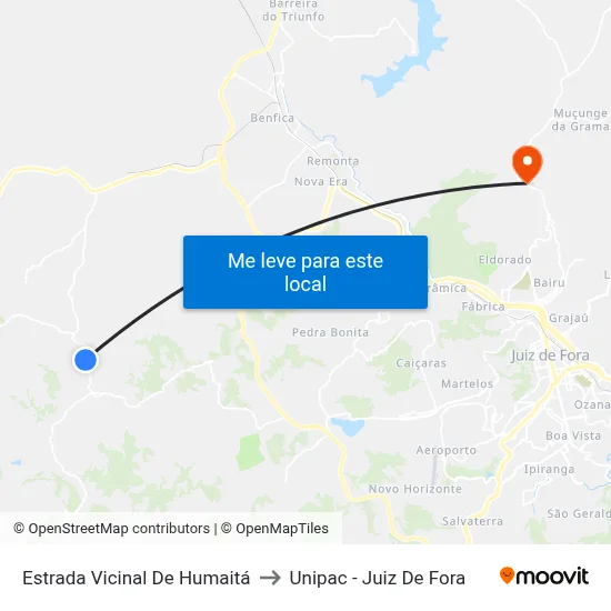 Estrada Vicinal De Humaitá to Unipac - Juiz De Fora map