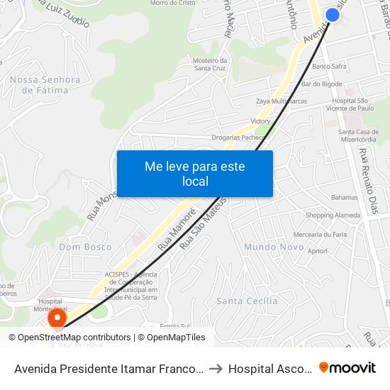Avenida Presidente Itamar Franco / Procon to Hospital Ascomcer map
