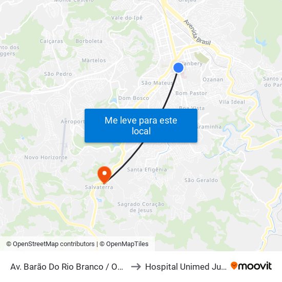 Av. Barão Do Rio Branco / Osvaldo Aranha to Hospital Unimed Juiz de Fora map