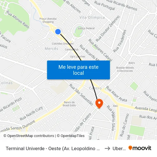 Terminal Univerde - Oeste (Av. Leopoldino De Oliveira, 5100) to Uberaba map
